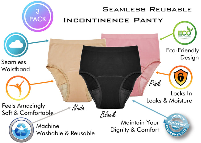 Ladies Reusable Incontinence Underwear (Assorted Colors 3 Pack)–  ComfortFinds